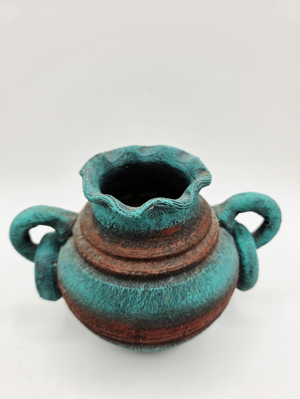 Vintage Turquoise & Rust Double Handle Pottery Vase Urn, Boho Southwestern - Picture 3 of 6